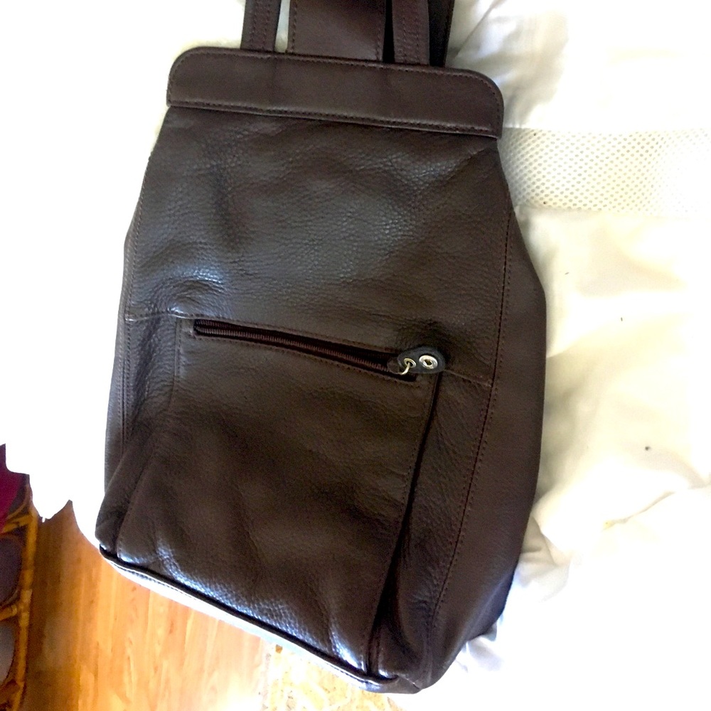Leather Drk brown backpack - single strap, front zipped pouch, back zip. New.